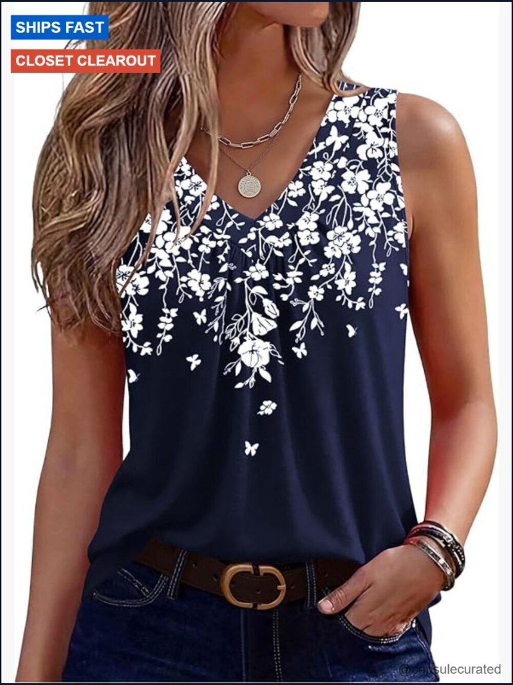 Women's Sleeveless V-Neck Pleated Tank Top Loose Fit Summer Blouse